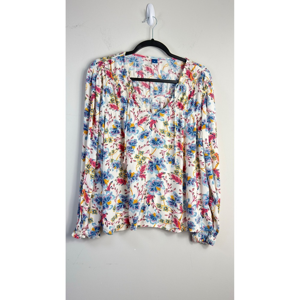 Old Navy Blouse White Floral V-Neck Long Sleeve Gauze Top Womens Size M